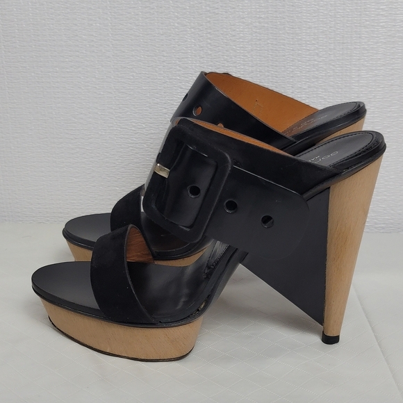 Sergio Rossi Suede Leather Buckle Wood Platform Cone Heels Slides Sandals Sz 37 - Picture 14 of 15